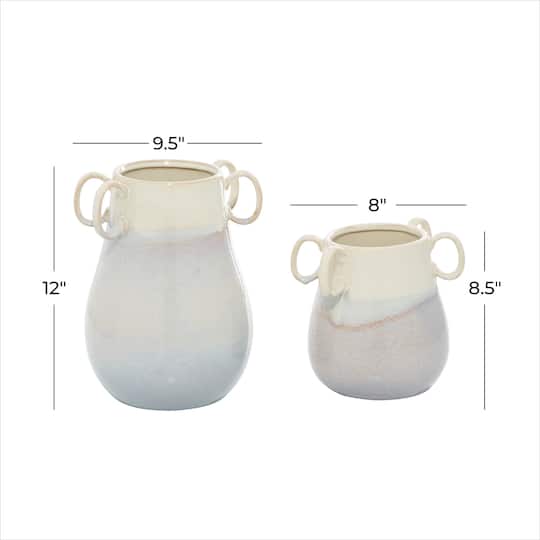Set of 2 White Ceramic Farmhouse Vase, 12" x 10" x 9"
